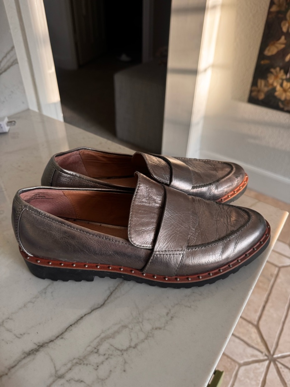 Halogen Metallic Gray Leather Penny Loafers